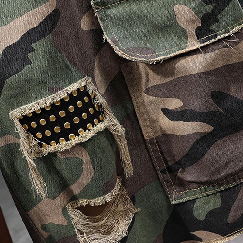 🔥 50% OFF NOW!⚡ Men's Studded Camo Cargo Shorts – Distressed, Multi-Pocket & Elastic Waist – Rugged Streetwear Cargo Shorts 🛹