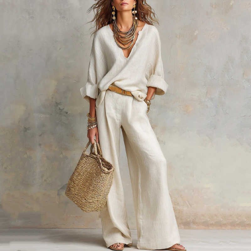 Women's V-Neck Top & Wide-Leg Pants 2-Piece Set