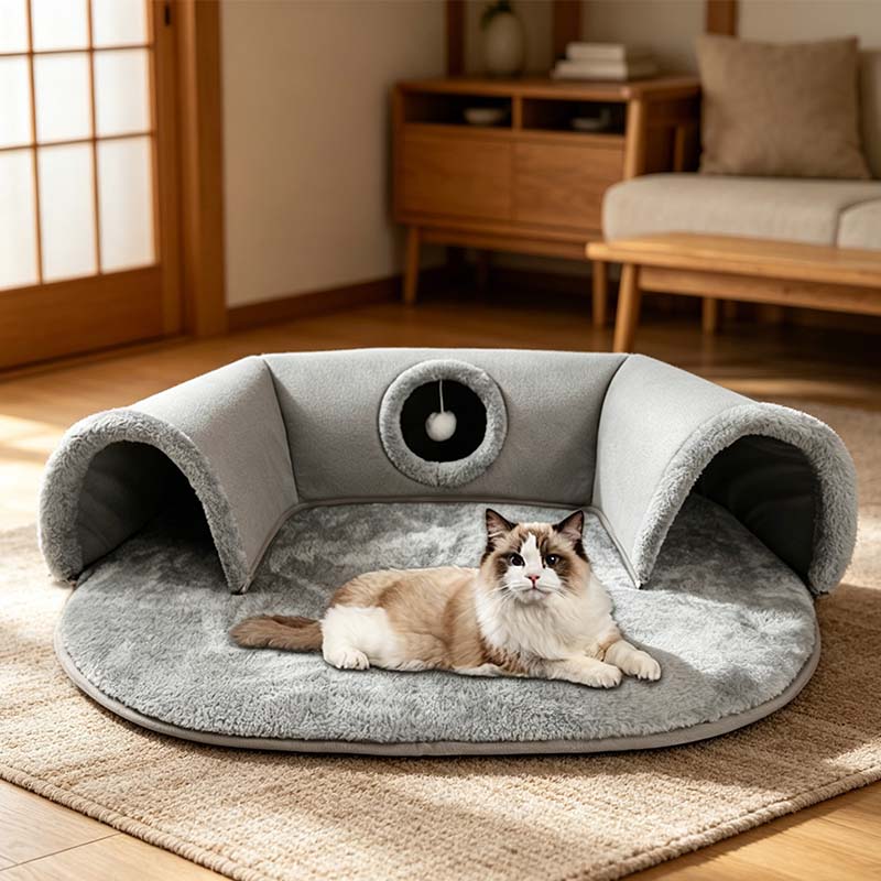 🐱 LIMITED-TIME 50% OFF! ✨ 2-in-1 Cat Tunnel Bed – Plush, Foldable, Collapsible 🎾