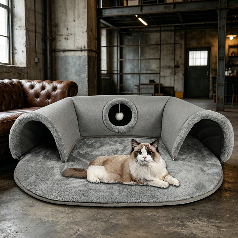 🐱 LIMITED-TIME 50% OFF! ✨ 2-in-1 Cat Tunnel Bed – Plush, Foldable, Collapsible 🎾