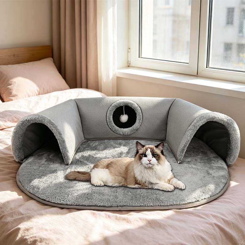 🐱 LIMITED-TIME 50% OFF! ✨ 2-in-1 Cat Tunnel Bed – Plush, Foldable, Collapsible 🎾