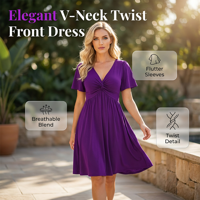 👗 50% OFF NOW! 🌸 Elegant V-Neck Twist Front Dress with Pockets – Flattering ruched waist, breathable & flowy – perfect for work, weddings or date nights – chic and functional 💃