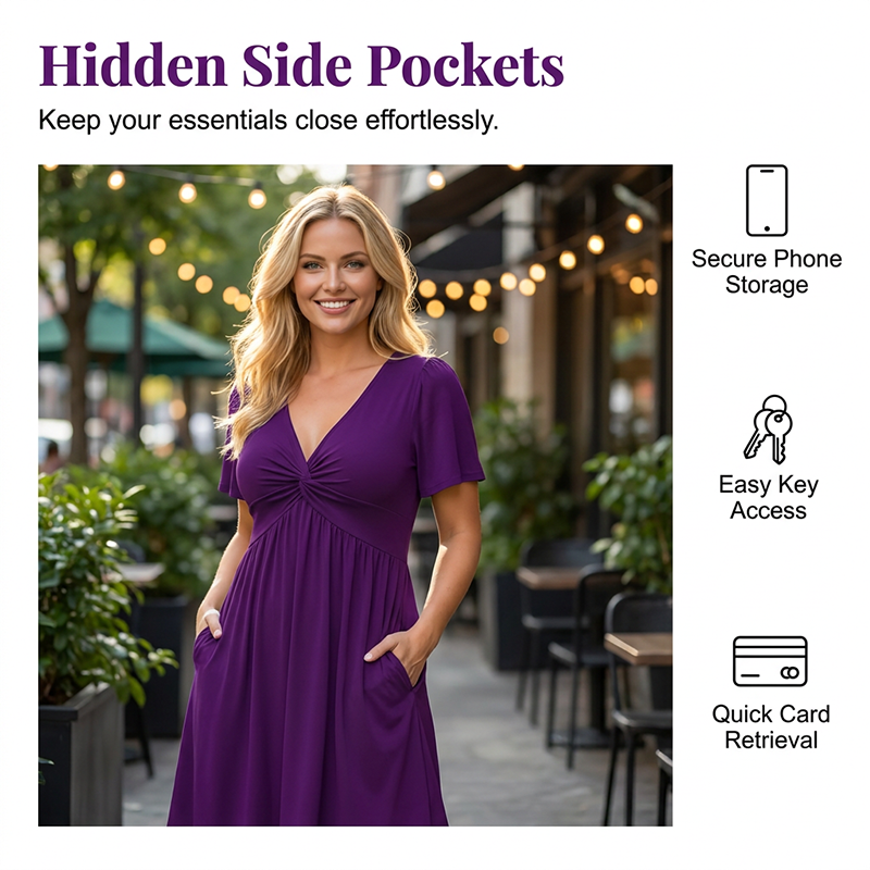 👗 50% OFF NOW! 🌸 Elegant V-Neck Twist Front Dress with Pockets – Flattering ruched waist, breathable & flowy – perfect for work, weddings or date nights – chic and functional 💃