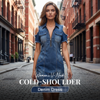 👖 LIMITED-TIME 50% OFF! ✨ Women's Cold-Shoulder Denim Dress – V-Neck, Flowy, Boho 🌼