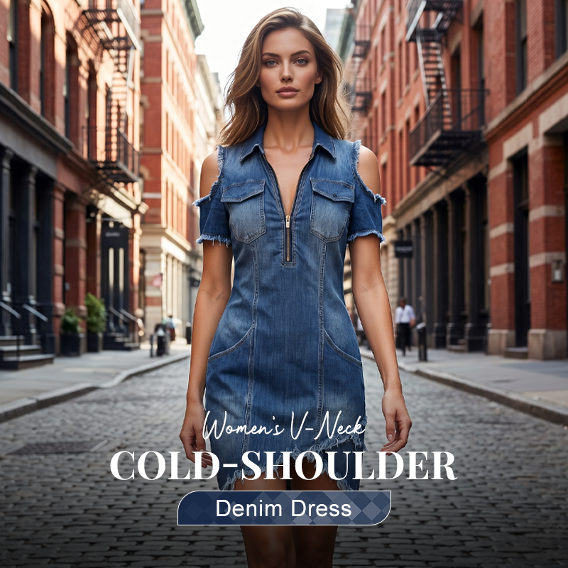 👖 LIMITED-TIME 50% OFF! ✨ Women's Cold-Shoulder Denim Dress – V-Neck, Flowy, Boho 🌼
