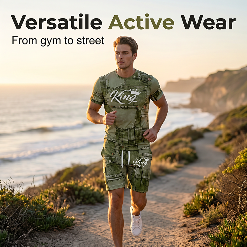 👕 50% OFF NOW! 🎉 Men's Casual Faux Denim Print T-Shirt & Shorts Set – Soft & breathable – Trendy denim look, perfect for summer or casual days 🩳✨
