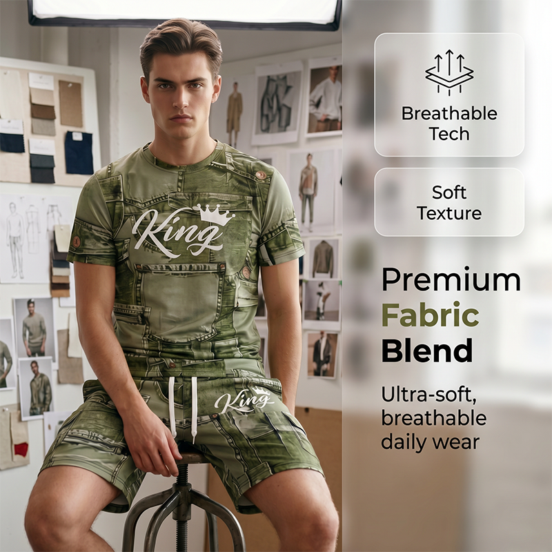 👕 50% OFF NOW! 🎉 Men's Casual Faux Denim Print T-Shirt & Shorts Set – Soft & breathable – Trendy denim look, perfect for summer or casual days 🩳✨