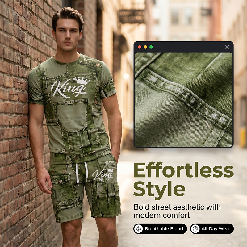 👕 50% OFF NOW! 🎉 Men's Casual Faux Denim Print T-Shirt & Shorts Set – Soft & breathable – Trendy denim look, perfect for summer or casual days 🩳✨