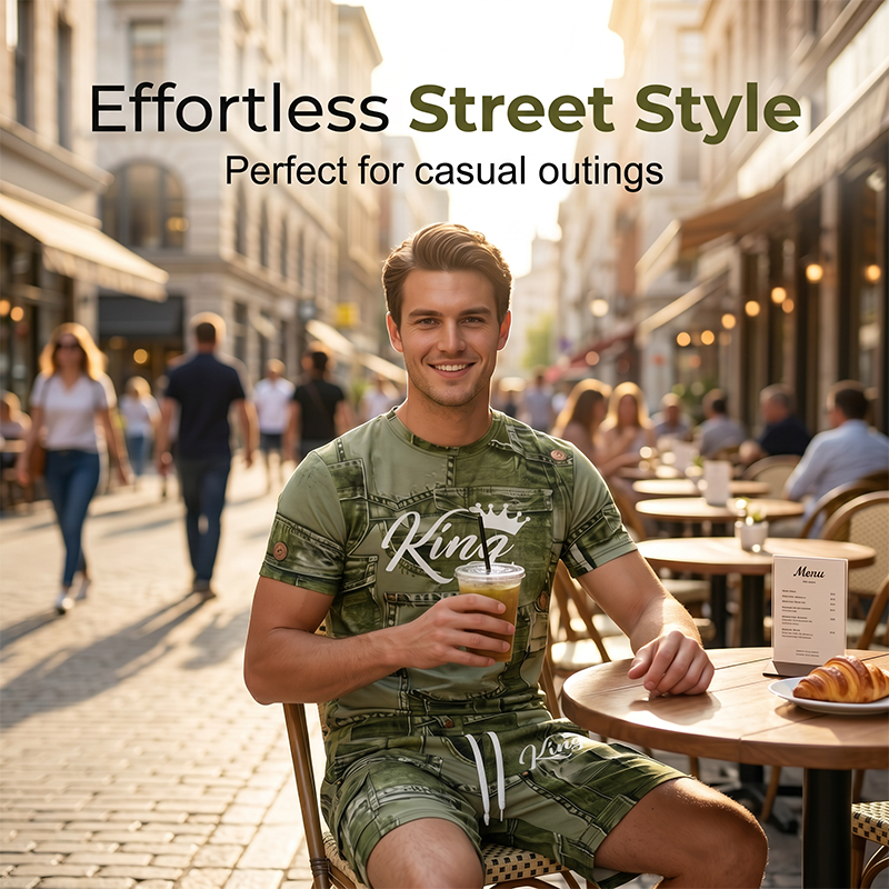 👕 50% OFF NOW! 🎉 Men's Casual Faux Denim Print T-Shirt & Shorts Set – Soft & breathable – Trendy denim look, perfect for summer or casual days 🩳✨