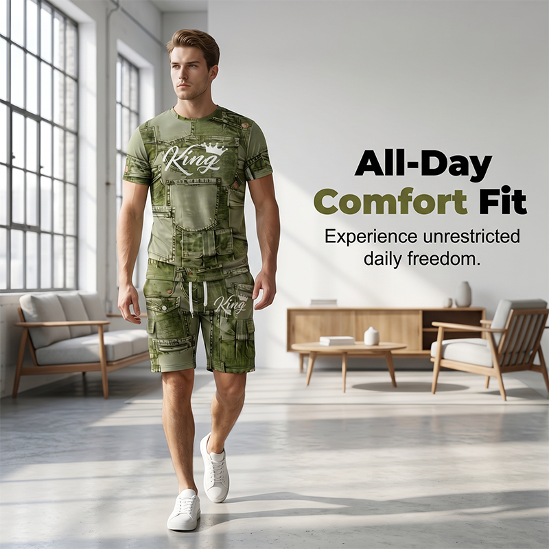 👕 50% OFF NOW! 🎉 Men's Casual Faux Denim Print T-Shirt & Shorts Set – Soft & breathable – Trendy denim look, perfect for summer or casual days 🩳✨
