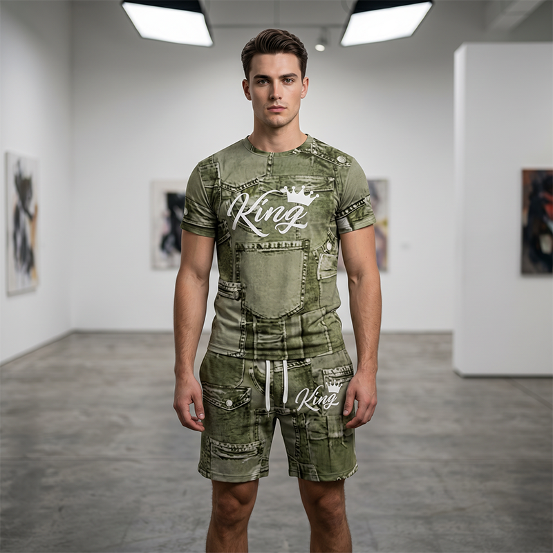 👕 50% OFF NOW! 🎉 Men's Casual Faux Denim Print T-Shirt & Shorts Set – Soft & breathable – Trendy denim look, perfect for summer or casual days 🩳✨