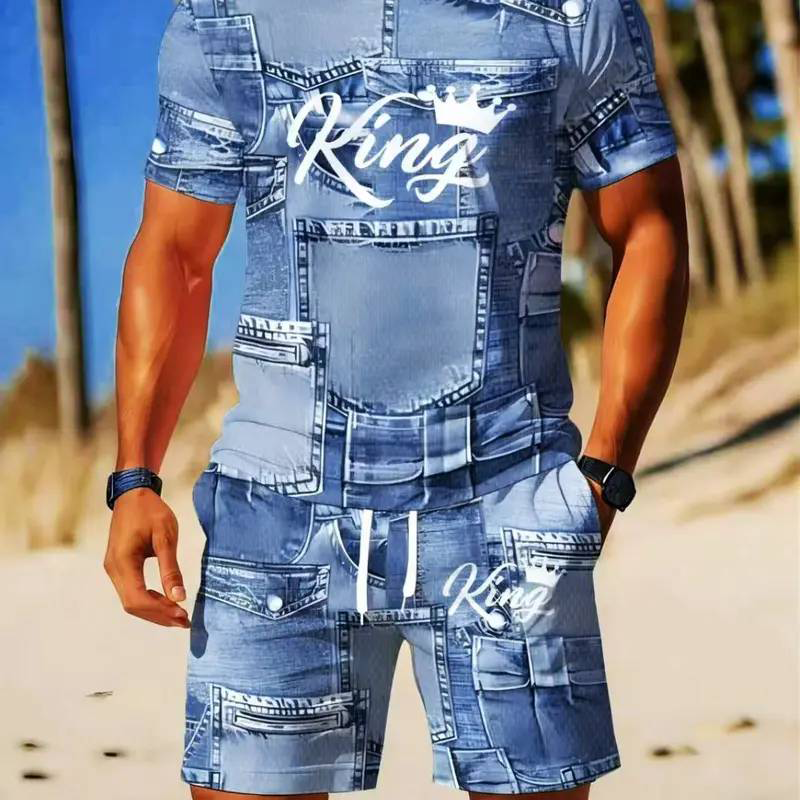 👕 50% OFF NOW! 🎉 Men's Casual Faux Denim Print T-Shirt & Shorts Set – Soft & breathable – Trendy denim look, perfect for summer or casual days 🩳✨