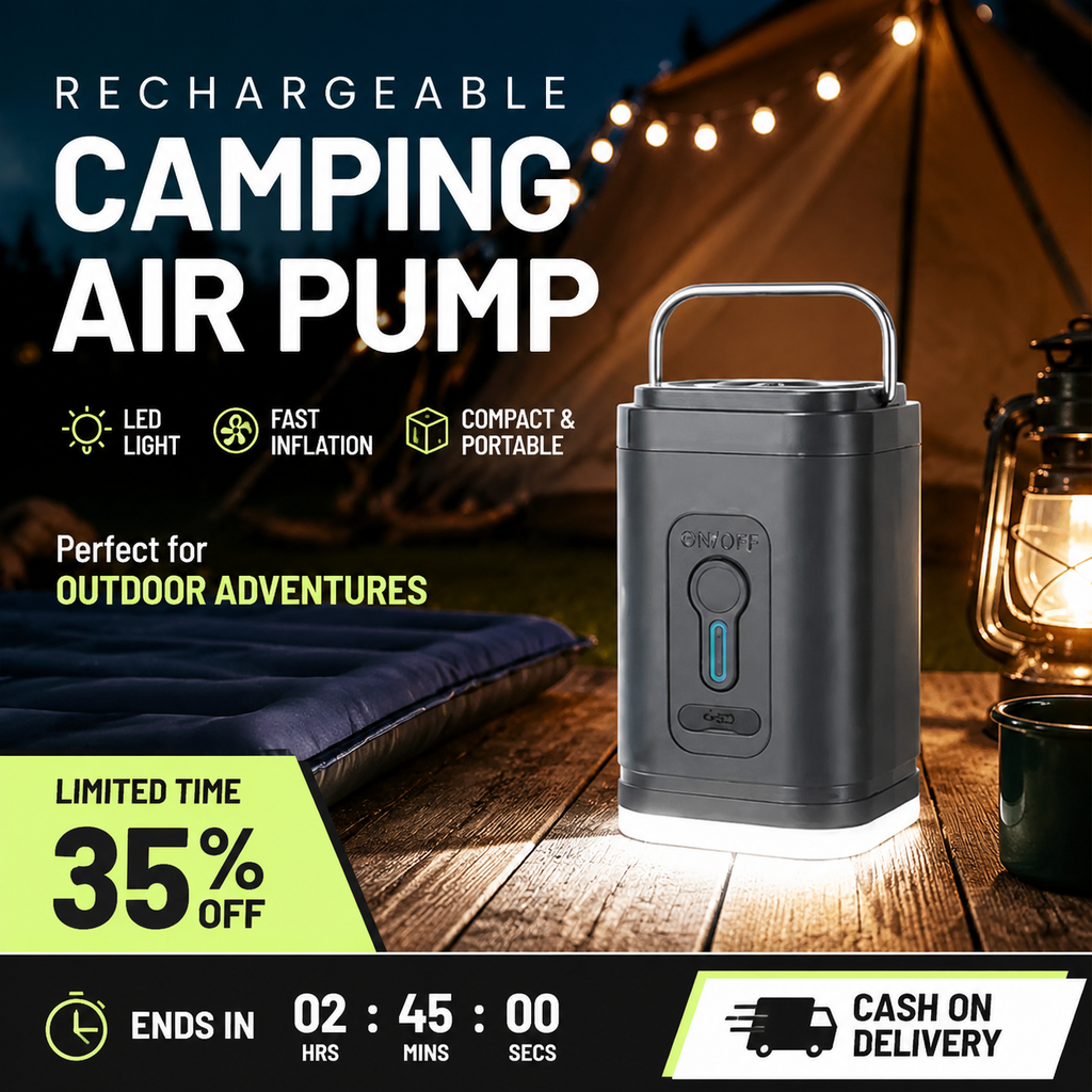 🏕️ Rechargeable Camping Air Pump – LED Light, Fast Inflation, Compact – Cash on Delivery 🔋